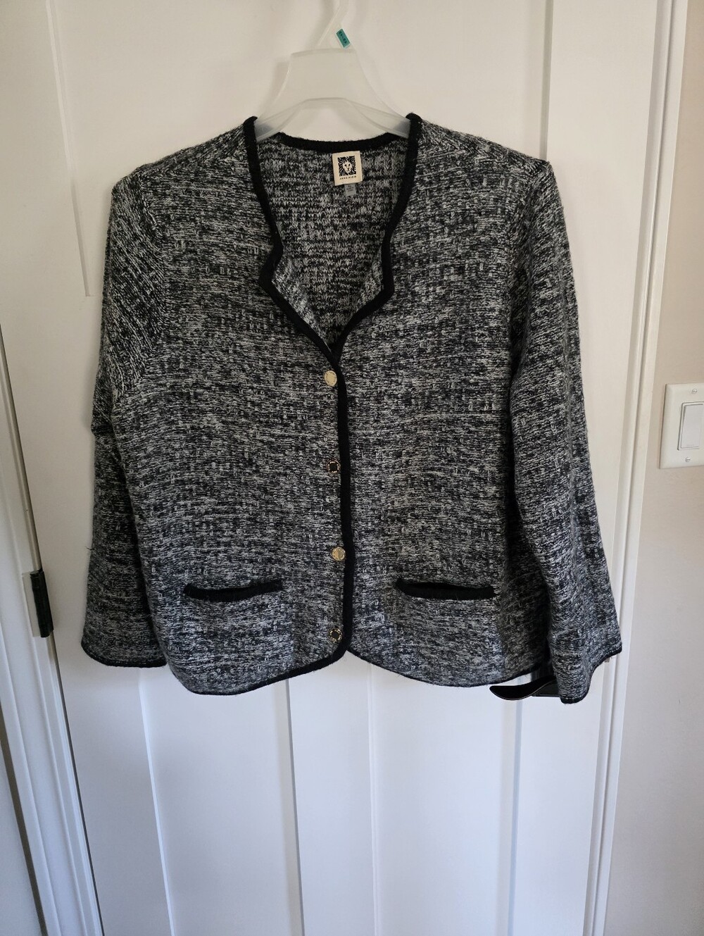 Anne Klein Black & White Tweed Knit Blazer with Trim